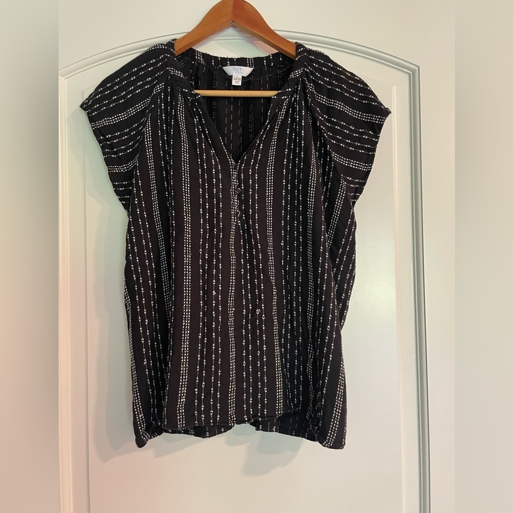 Time And True Black Stripe Cap-Sleeve V-Neck Boho Blouse